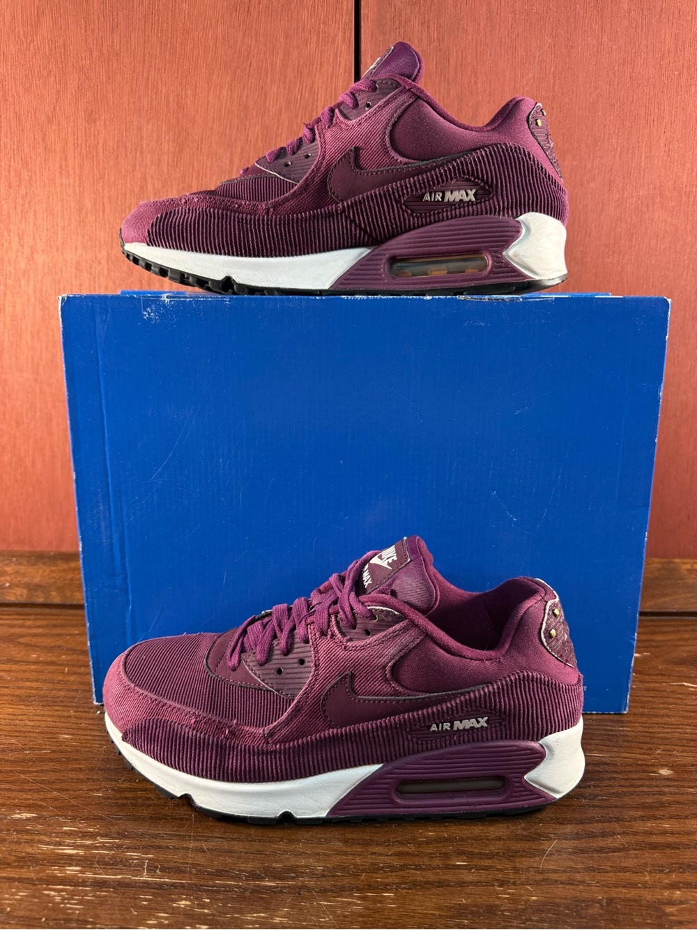 Nike Air Max 90 Bordeaux Purple Corduroy Womens Sneakers Size US 8 |921304-601